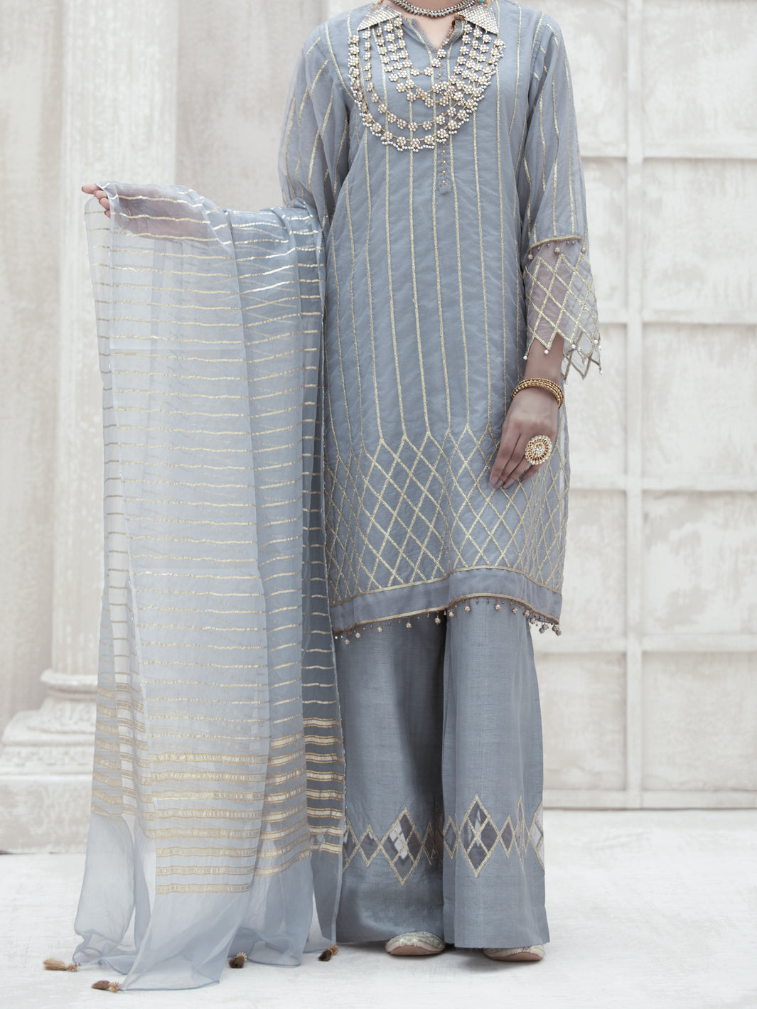 Grey Bemberg Organza 3Pc Formal Unstitched - AL-3PS-LS-UN-315