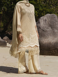 Off White Khaddi+Jacquard Net 3 Piece Unstitched - ALP-3PS-1269
