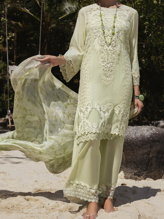 Pista Green Khaddi Net 3 Piece Stitched - ALP-3PS-1271