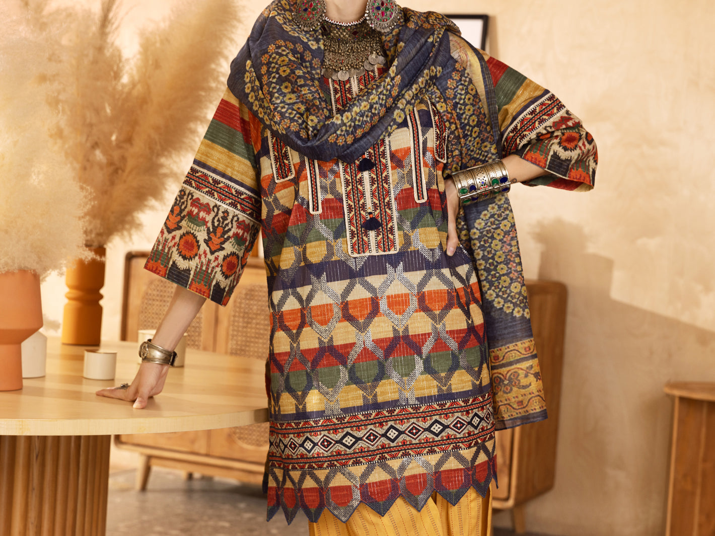 Multicolor Hand-Woven Lurex 3 Piece Stitched - ALP-3PS-1301