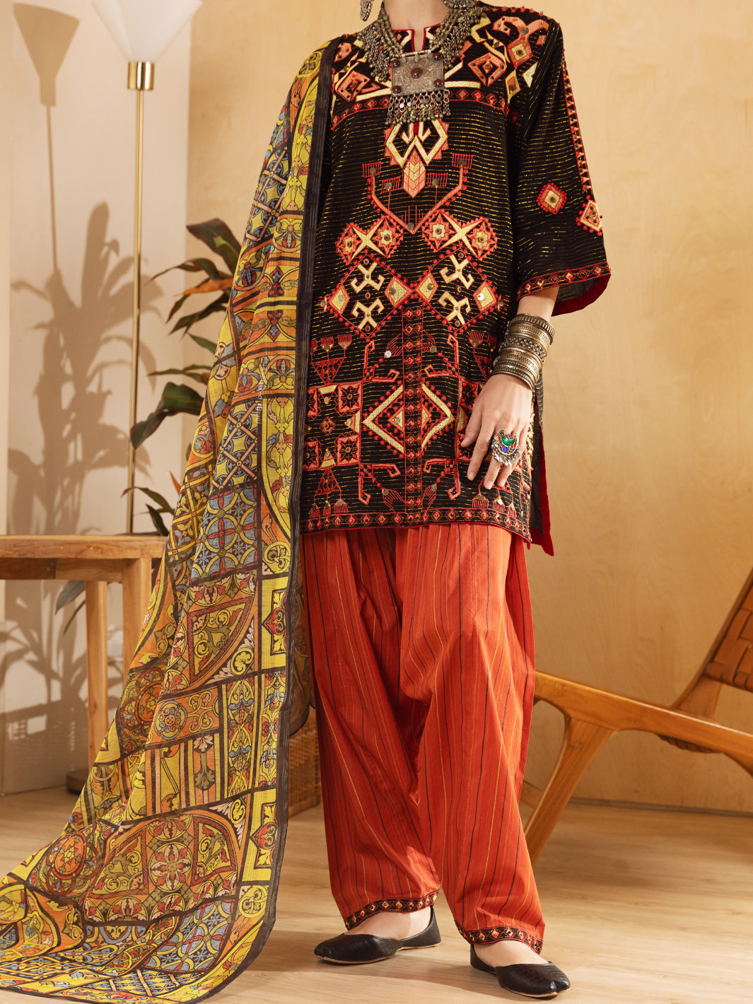 Black Hand-Woven Lurex 3Pc Stitched - ALP-3PS-1304