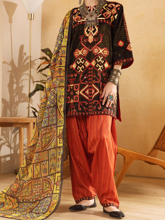 Black Hand-Woven Lurex 3 Piece Stitched - ALP-3PS-1304