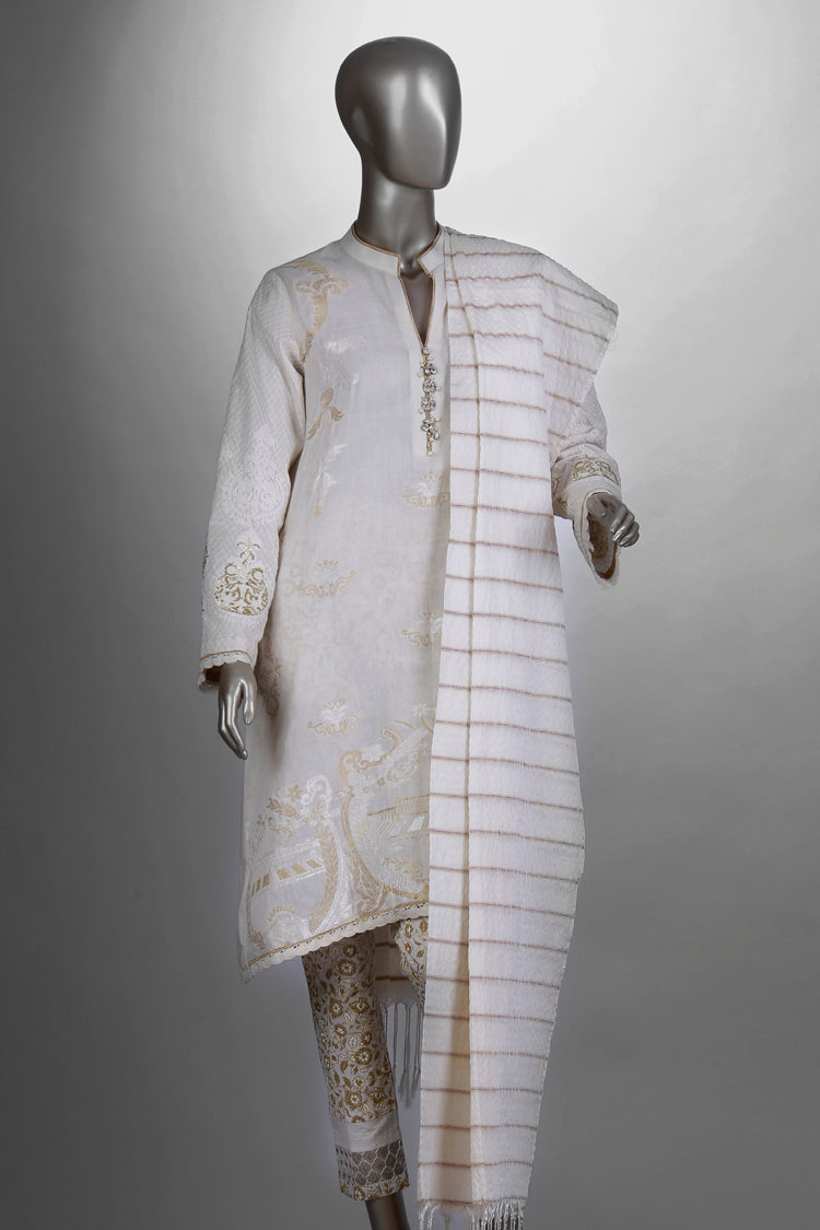 Off White Jacquard 3 Piece Unstitched - ALP-298