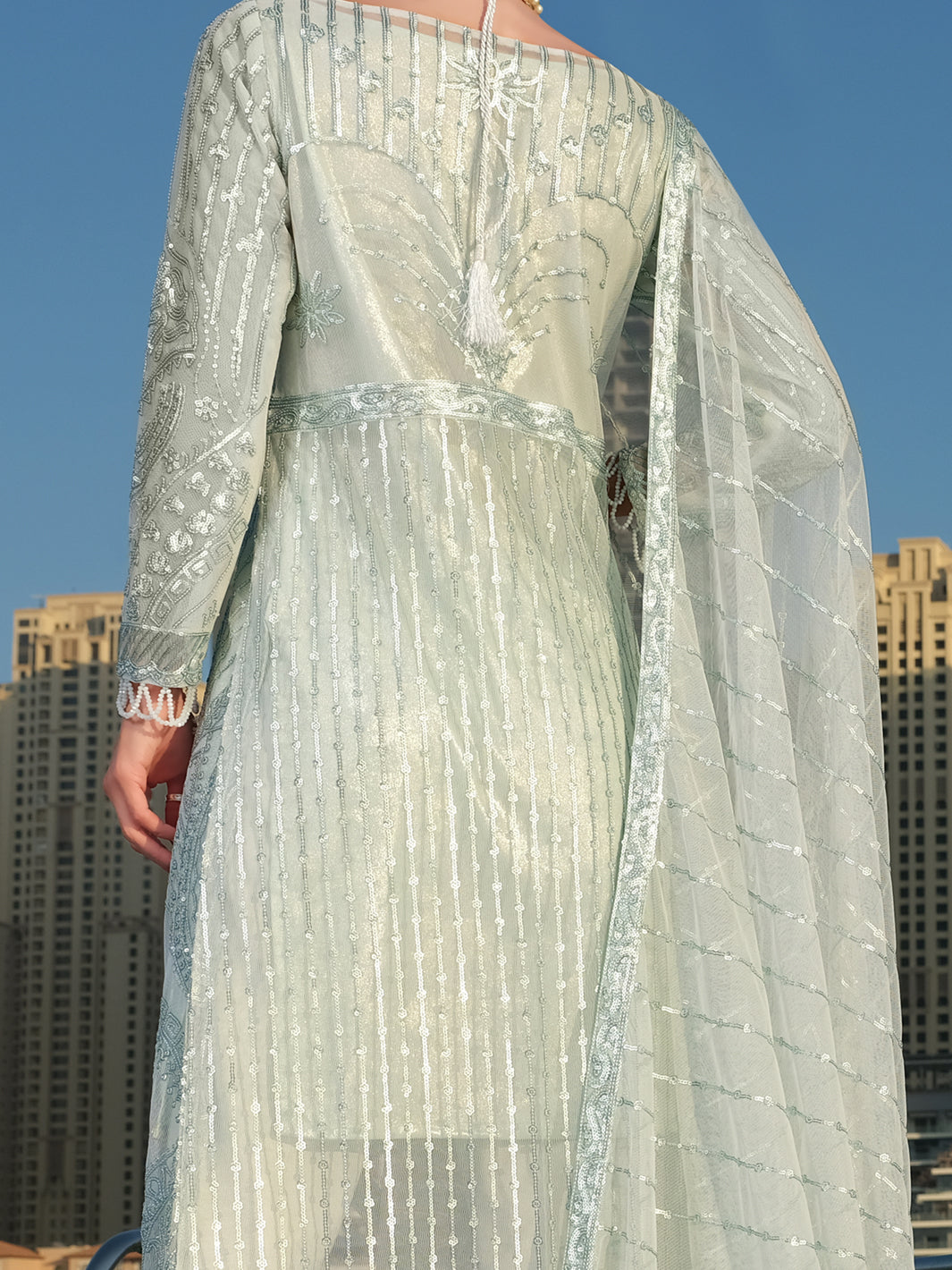 Sea Green Net 3 Piece Stitched - ALP-3PS-906