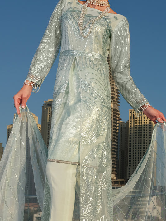 Sea Green Net 3 Piece Stitched - ALP-3PS-906