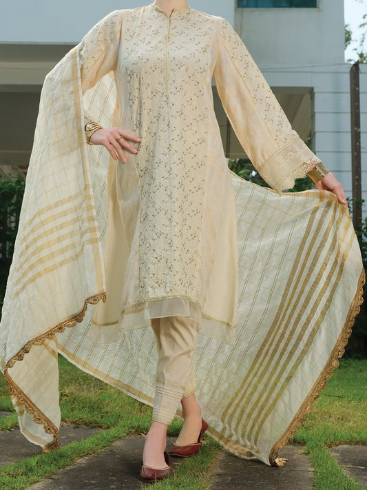 Off White Schiffli Lawn 3 Piece Stitched - ALP-3PS-826
