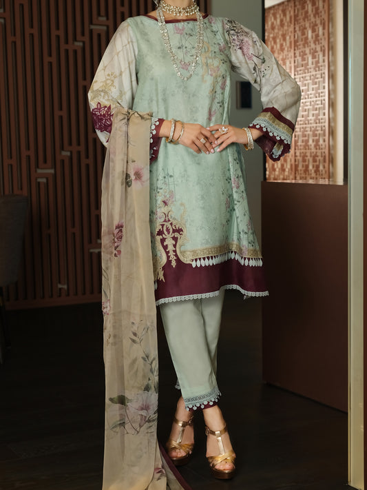 Sea Green Dobby Net 3 Piece Unstitched - ALP-3PS-892
