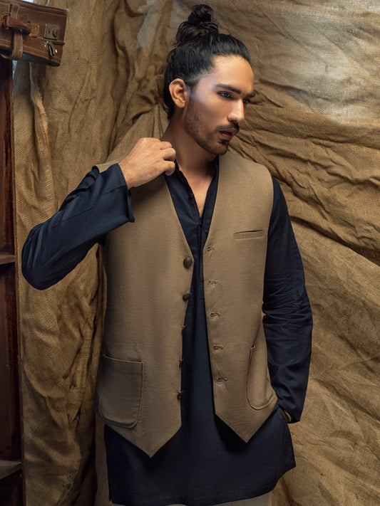 Beige Linen Cotton Waistcoat - ALCR-WC-003 - Almirah Online