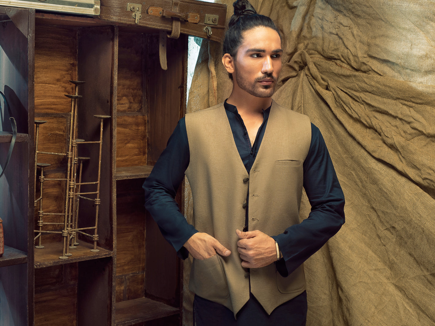 Beige Linen Cotton Waistcoat - ALCR-WC-003 - Almirah Online