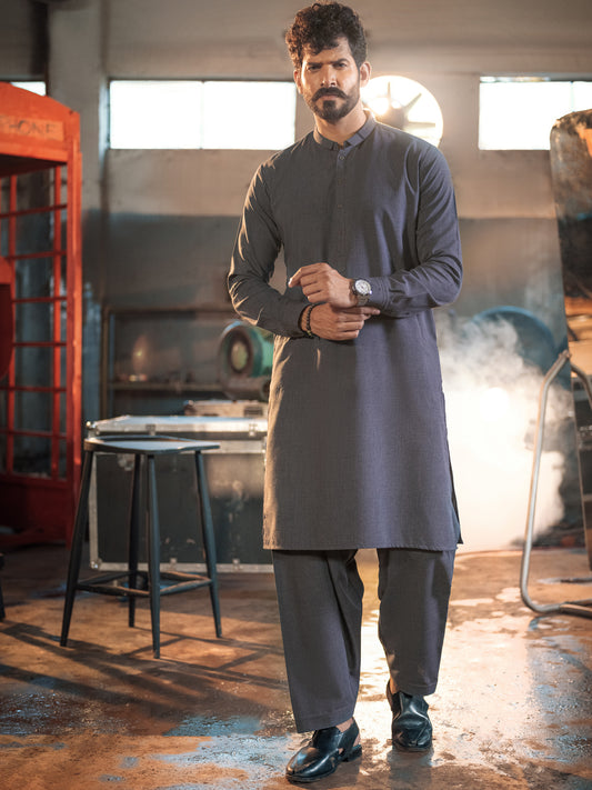 Charcoal Grey Blended Kurta Shalwar - AL-KS-2650