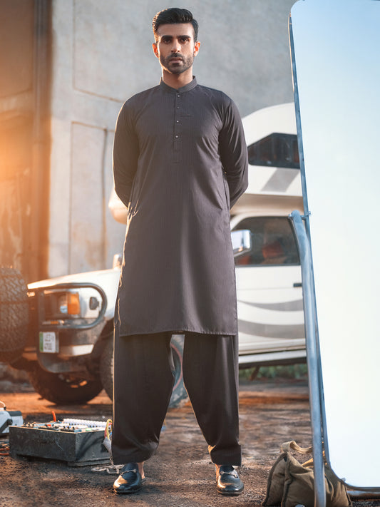 Charcoal Grey Blended Kurta Shalwar - AL-KS-2687