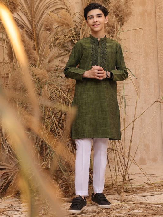 Olive Green Blended Boy Kurta - ALT-K-014