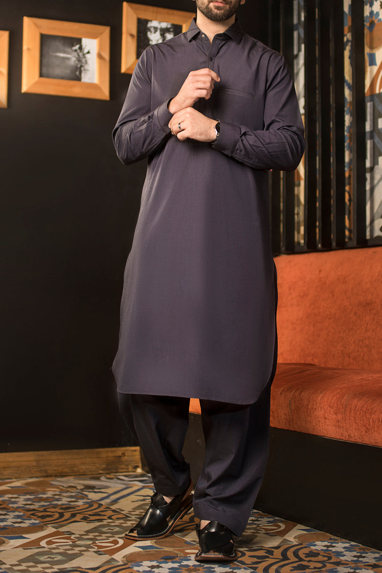 Charcoal Grey Blended Kameez Shalwar - ALWA-KS-126