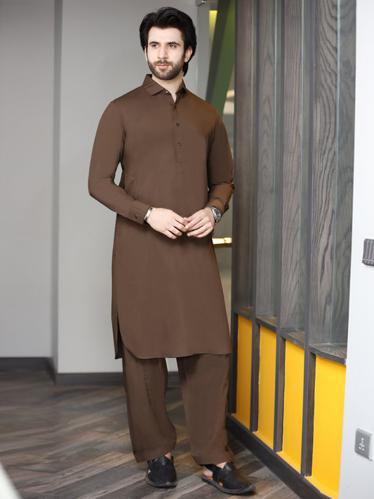 Brown Blended Kameez Shalwar - ALWA-KS-183