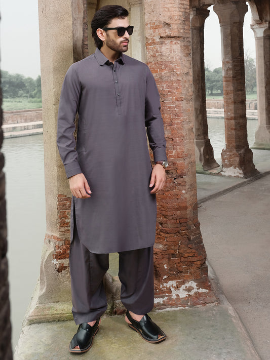 Charcoal Grey Blended Kameez Shalwar - ALWA-KS-207