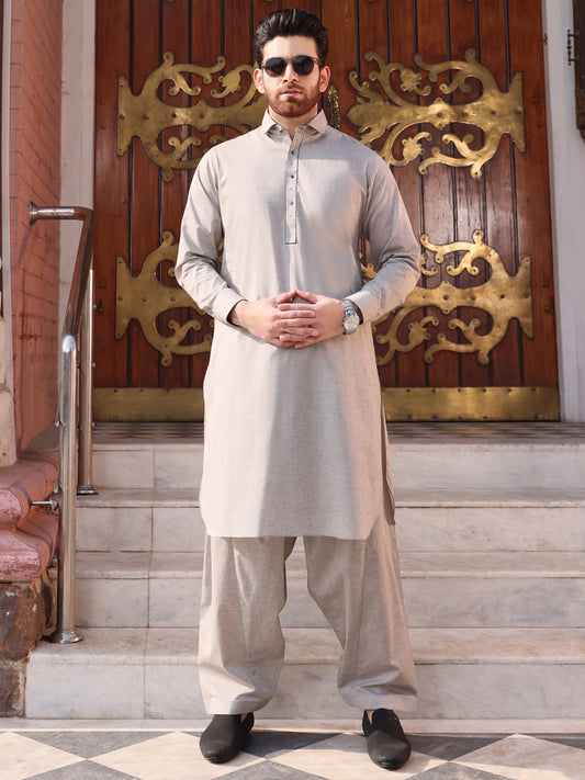 Grey Cotton Kameez Shalwar - ALWA-KS-217
