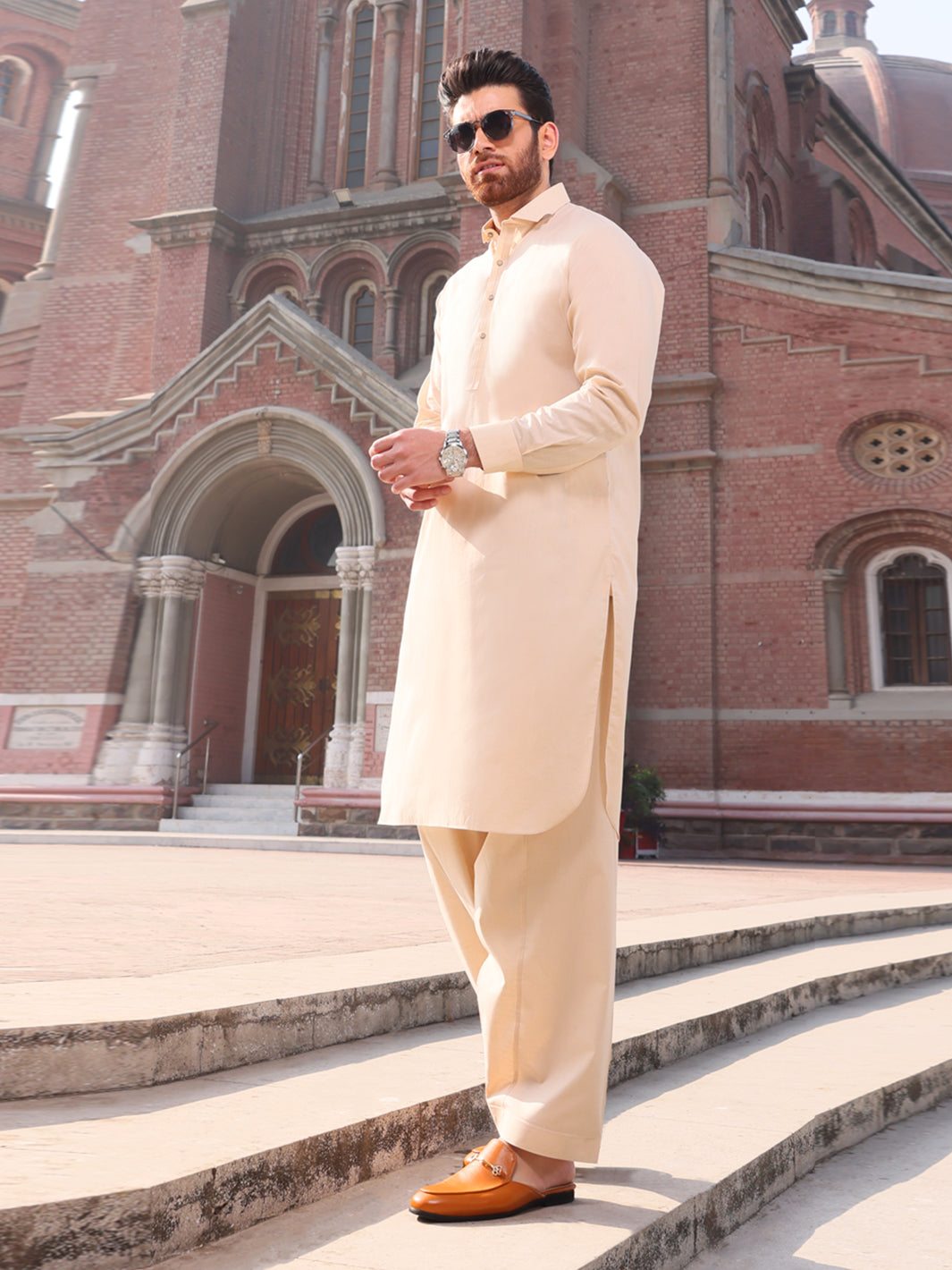 Beige Cotton Kameez Shalwar - ALWA-KS-223