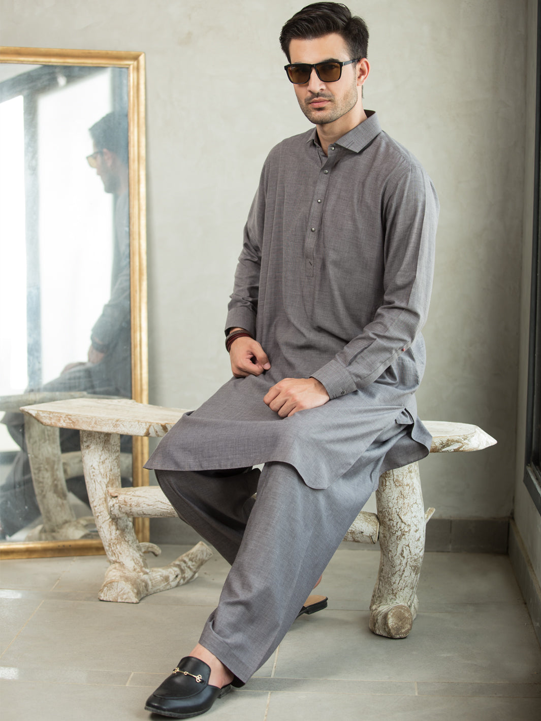 Light Grey Blended Kameez Shalwar - ALWA-KS-256