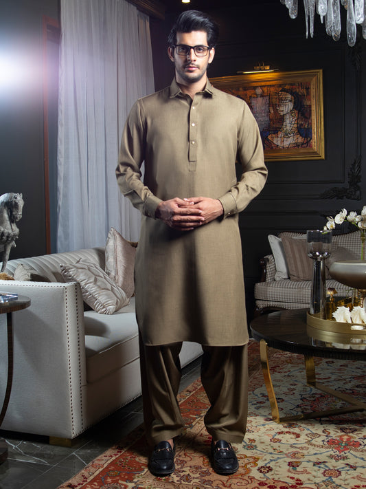 Khaki Blended Kameez Shalwar - ALWA-KS-285