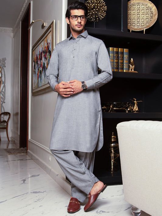 Light Grey Blended Kameez Shalwar - ALWA-KS-292