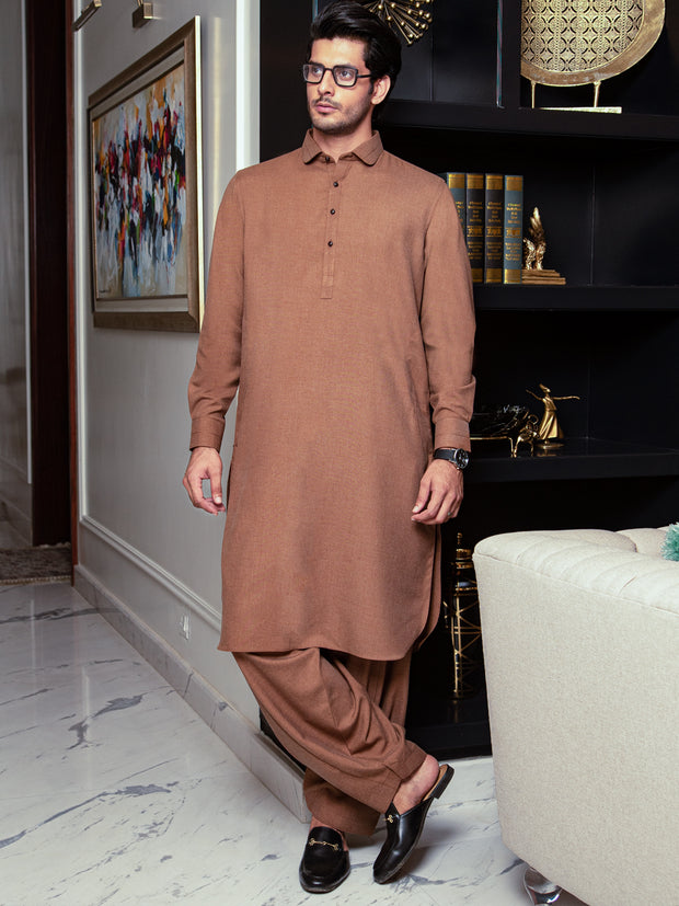 Brown Blended Kameez Shalwar - ALWA-KS-293