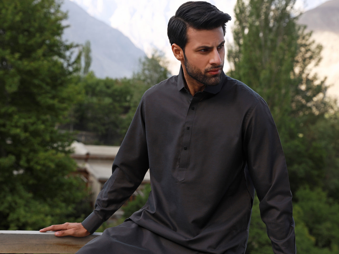 Dark Grey Blended Kameez Shalwar - ALWA-KS-321