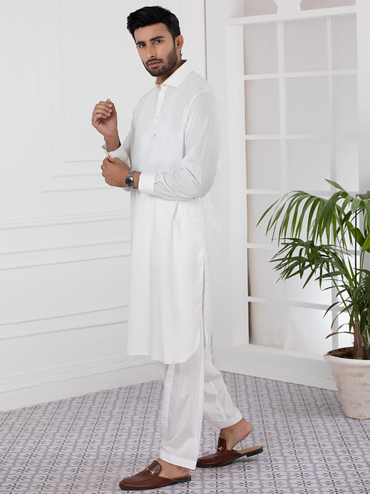 White Cotton Kameez Shalwar - ALWA-KS-334