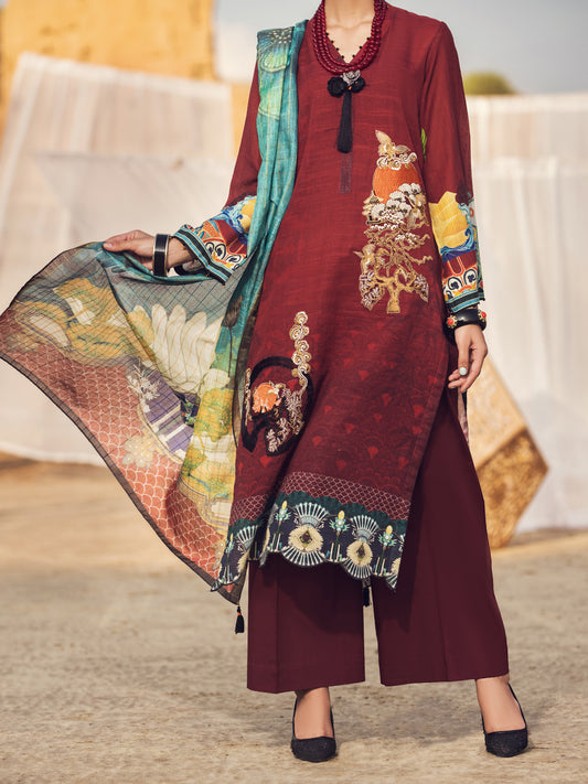 Maroon Khaddar 3 Piece Stitched - AWP-3PS-340