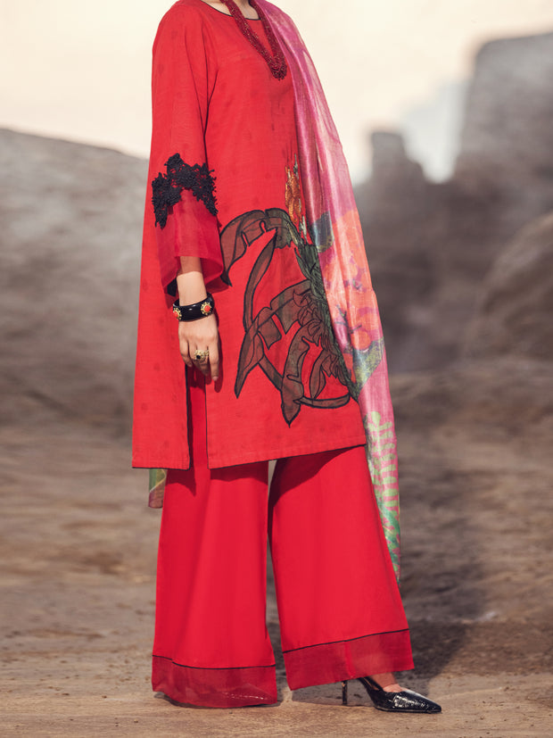 Red Khaddar 3 Piece Stitched - AWP-3PS-348