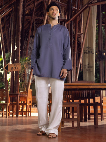 BLUEISH GREY LINEN SHORT KURTA - ALCR-K-027