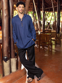 Blue Linen Short Kurta - ALCR-K-029