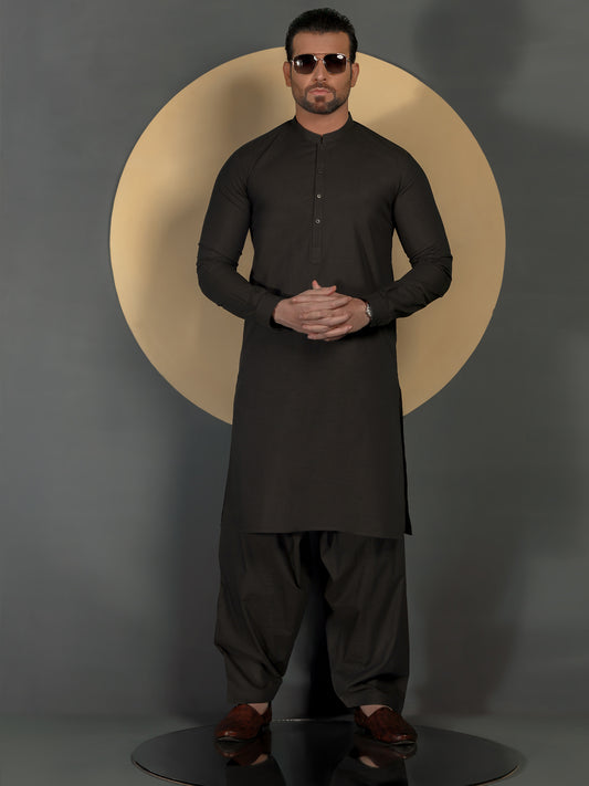Charcoal Grey Cotton Men Unstitched Fabric - AL-Maharaja-22