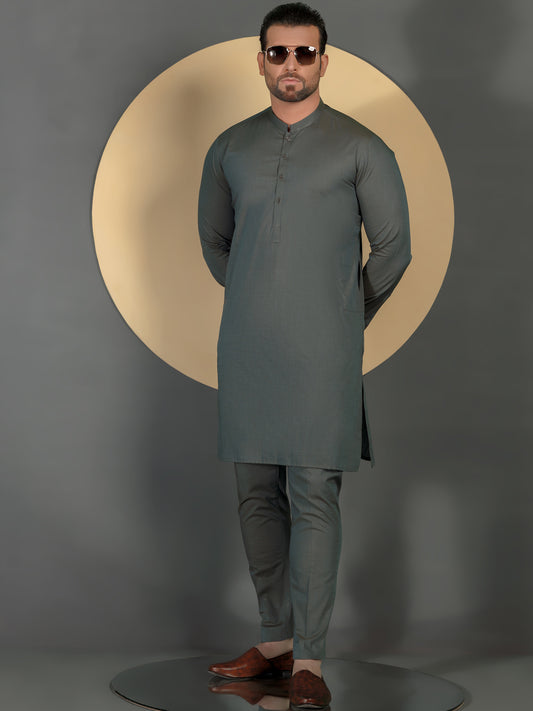 Green Cotton Men Unstitched Fabric - AL-Maharaja-22