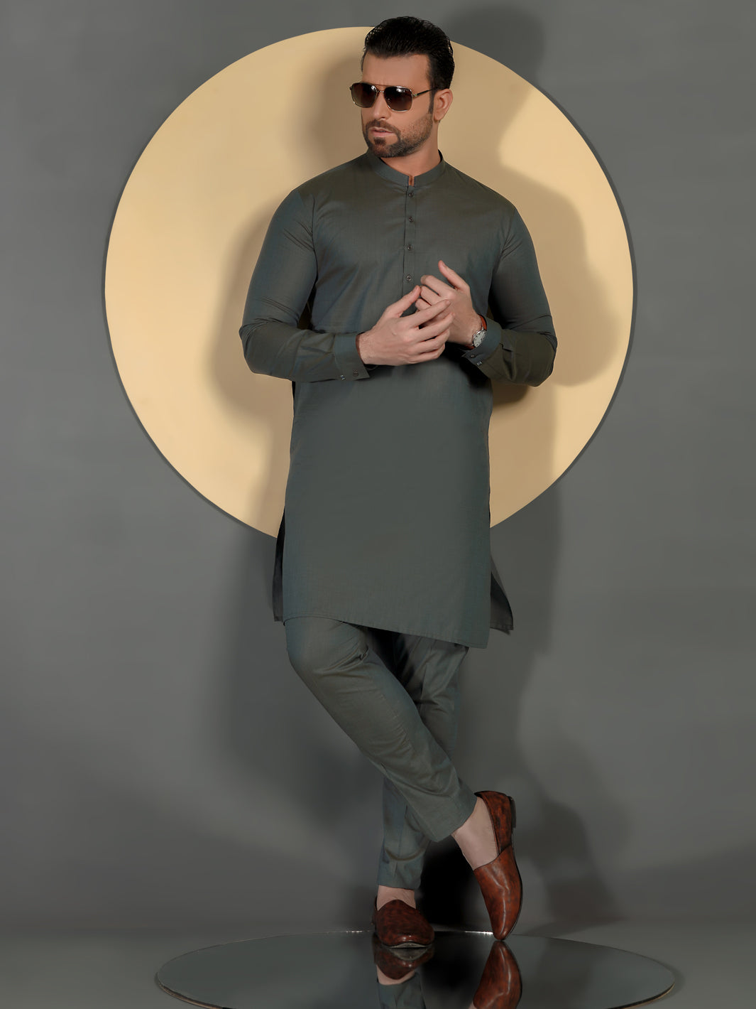 Green Cotton Men Unstitched Fabric - AL-Maharaja-22