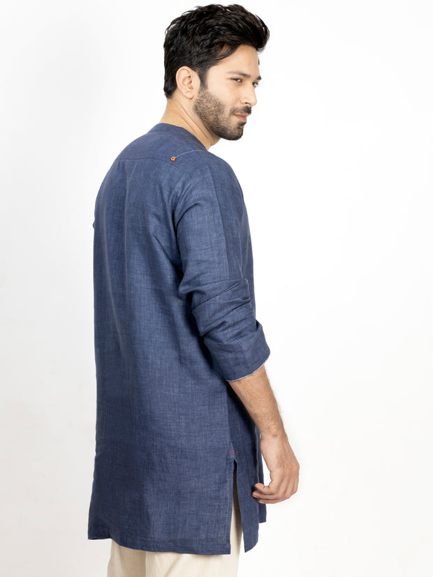 Blue Linen Short Kurta - ALCR-K-026