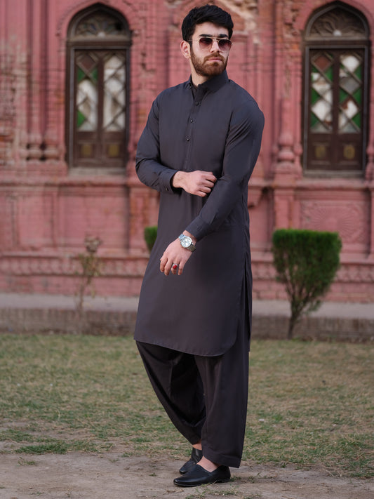 Charcoal Grey Blended Kameez Shalwar - ALWA-KS-184