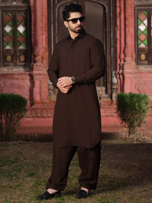 Dark Brown Blended Kameez Shalwar - ALWA-KS-196