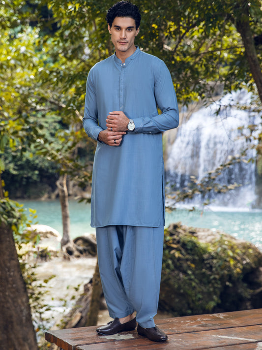 Light Blue Blended Kameez Shalwar - AL-KS-2898