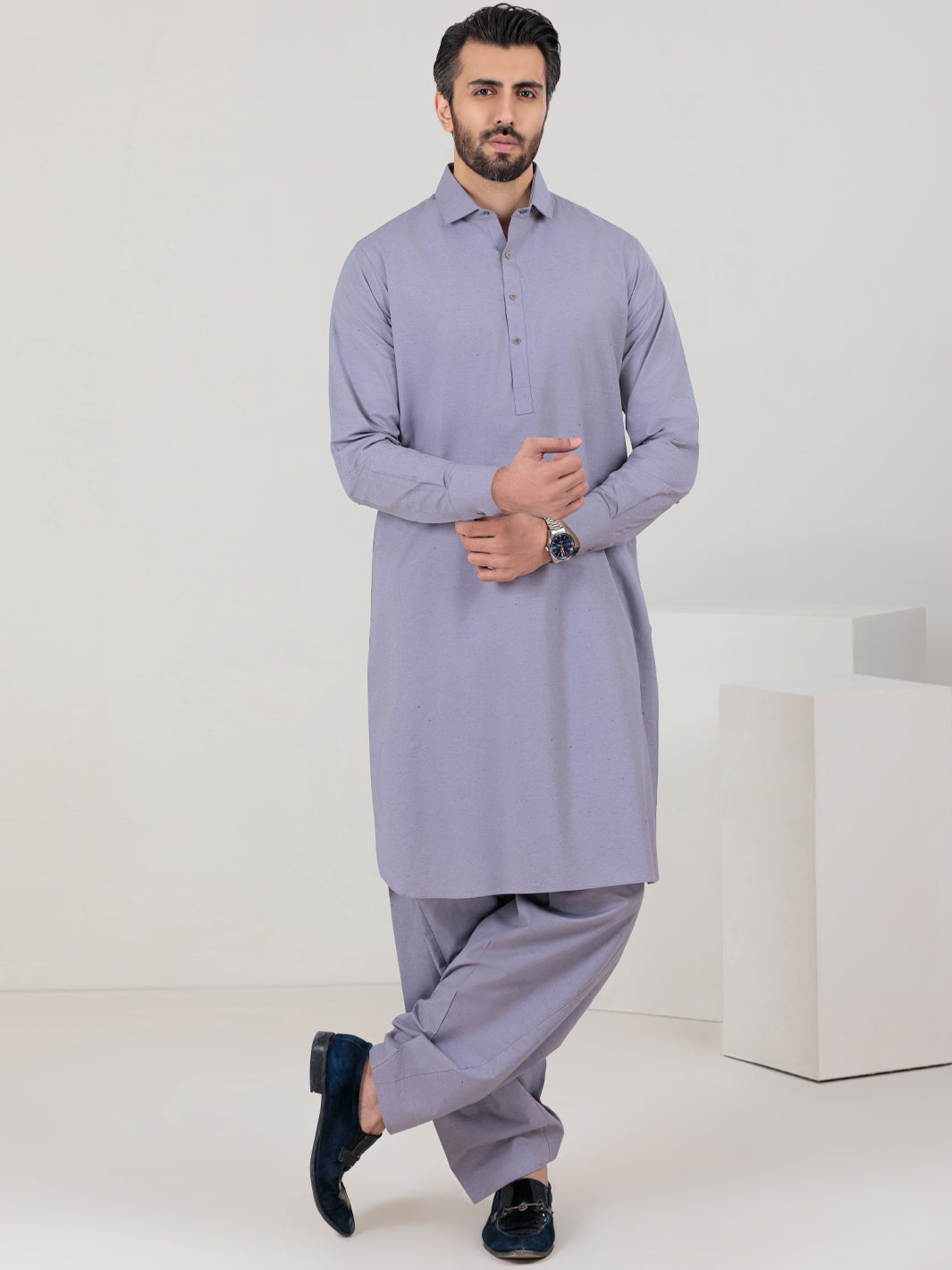 Light Grey Blended Kameez Shalwar - ALWA-KS-305