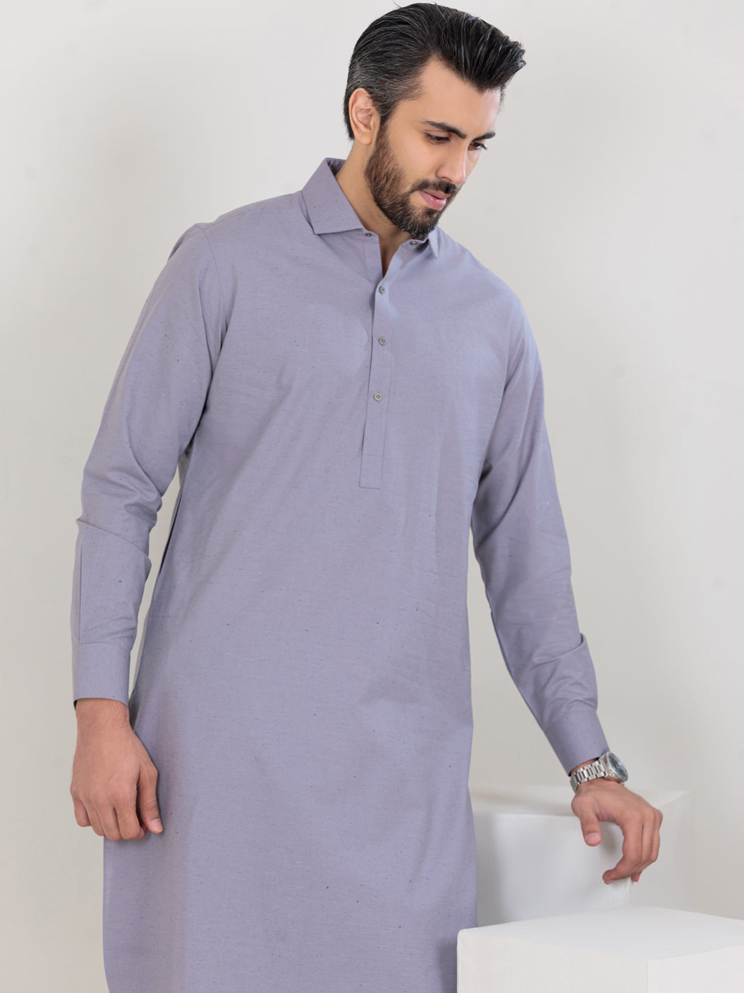 Light Grey Blended Kameez Shalwar - ALWA-KS-305