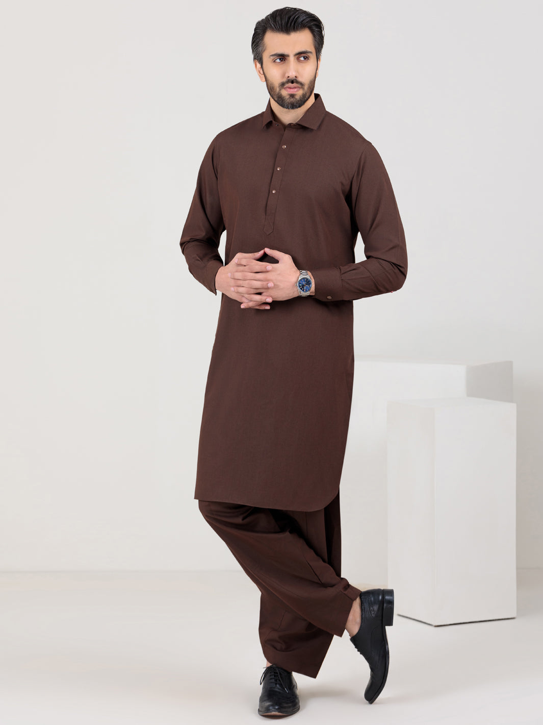 Brown Blended Kameez Shalwar - ALWA-KS-315
