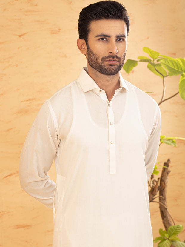 White Blended Kameez Shalwar - ALWA-KS-366