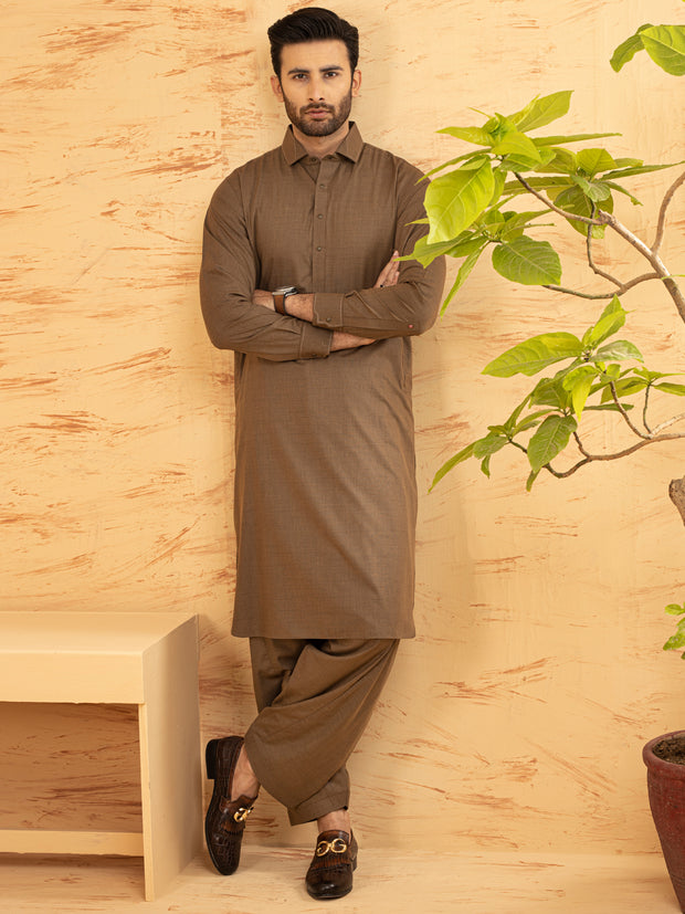 Brown Blended Kameez Shalwar - ALWA-KS-373