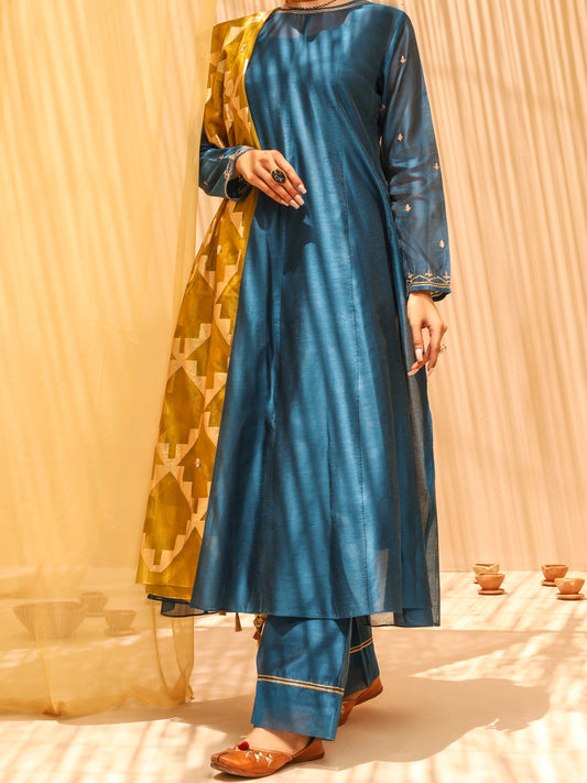 Blue Cotton Viscose Silk 2 Piece Stitched - ALCR-2PS-LKS-1022 - Almirah Online