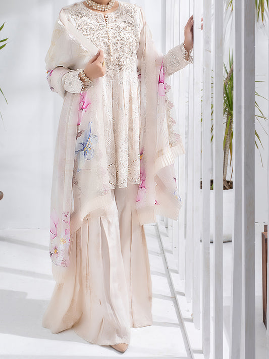 Off White Bemberg Chiffon 3 Piece Formal Unstitched - AL-3PS-LS-UN-308