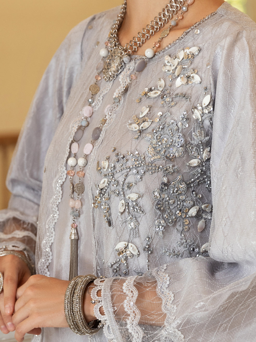 Light Grey Net 2Pc Formal Stitched - AL-2PS-LS-353