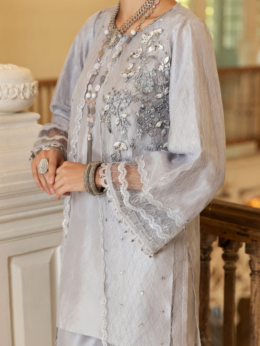 Light Grey Net 2Pc Formal Stitched - AL-2PS-LS-353