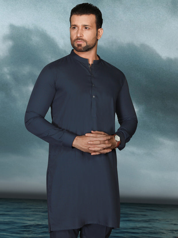 Midnight Blue Blended Men Unstitched Fabric - AL-Nizam-22