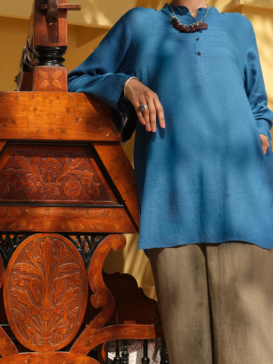 Blue Linen Tunic - ALCR-LK-1002 - Almirah Online