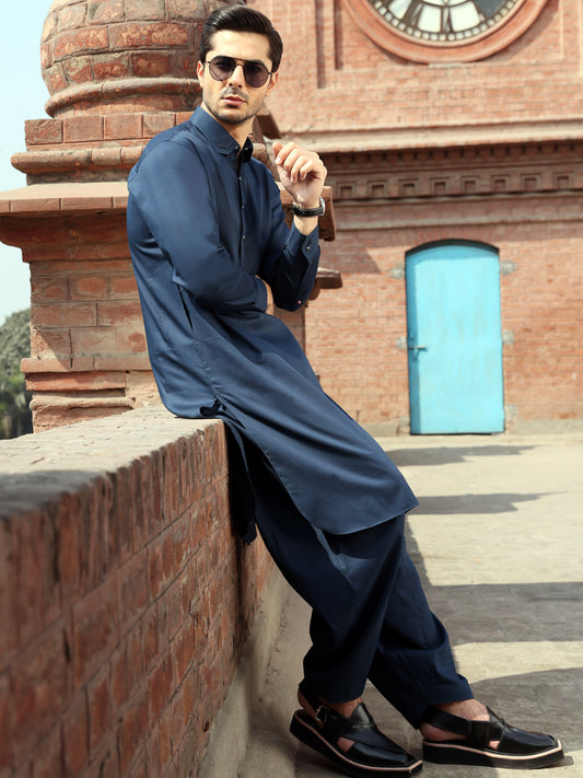 Navy Blue Blended Kameez Shalwar - ALWA-KS-245